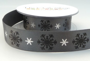 B13937-5 Black & Silver Snowflakes on Smokey Grey Background 25mm