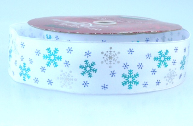 COS9B14 Wired Silver & Turquoise Snowflakes on White 38mm