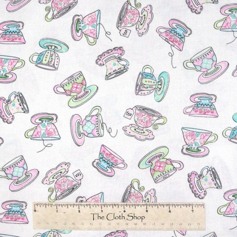 C9992 Teacups & Saucers Cotton Quilting Fabric | Timeless Treasures Sold in FQ, 1/2m, 1m Lengths