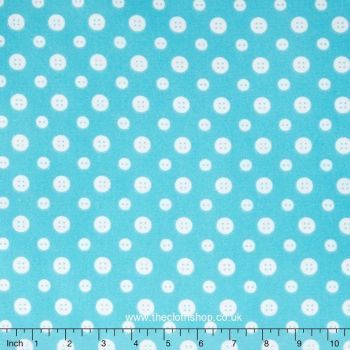 F6461-11 Flannel / Brushed Cotton Fabric - White Buttons on Turquoise Fabric