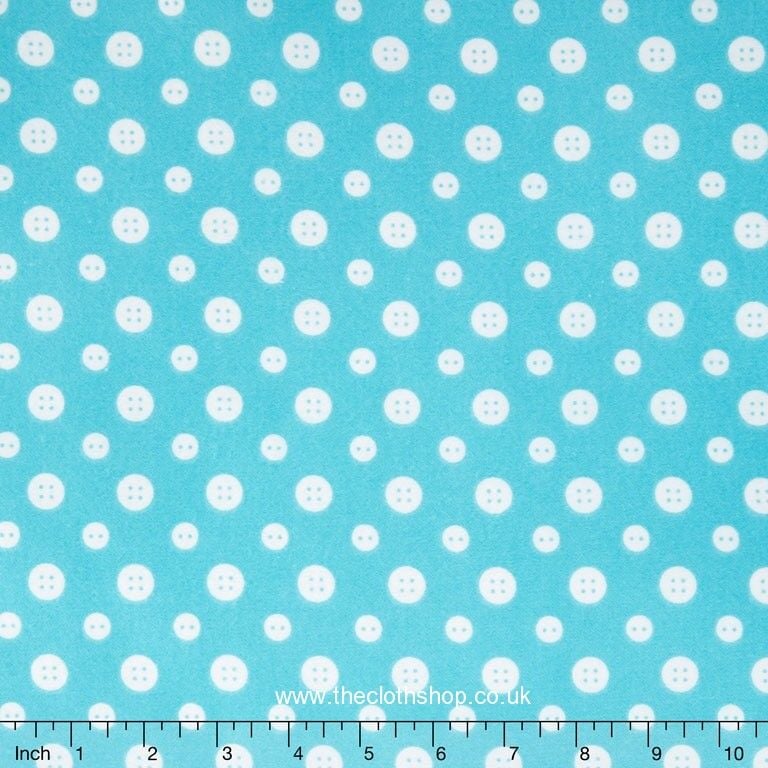 F6461-11 Flannel / Brushed Cotton Fabric - White Buttons on Turquoise Fabric Sold in 1/4m, 1/2m, 1m Lengths