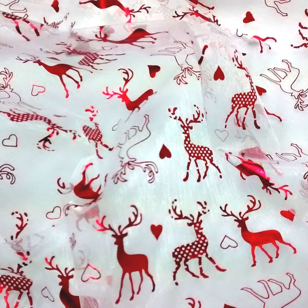 L1789-02 Red Reindeer Organza Christmas Fabric150cm Wide Sold in 1/4m, 1/2m, 1m Lengths