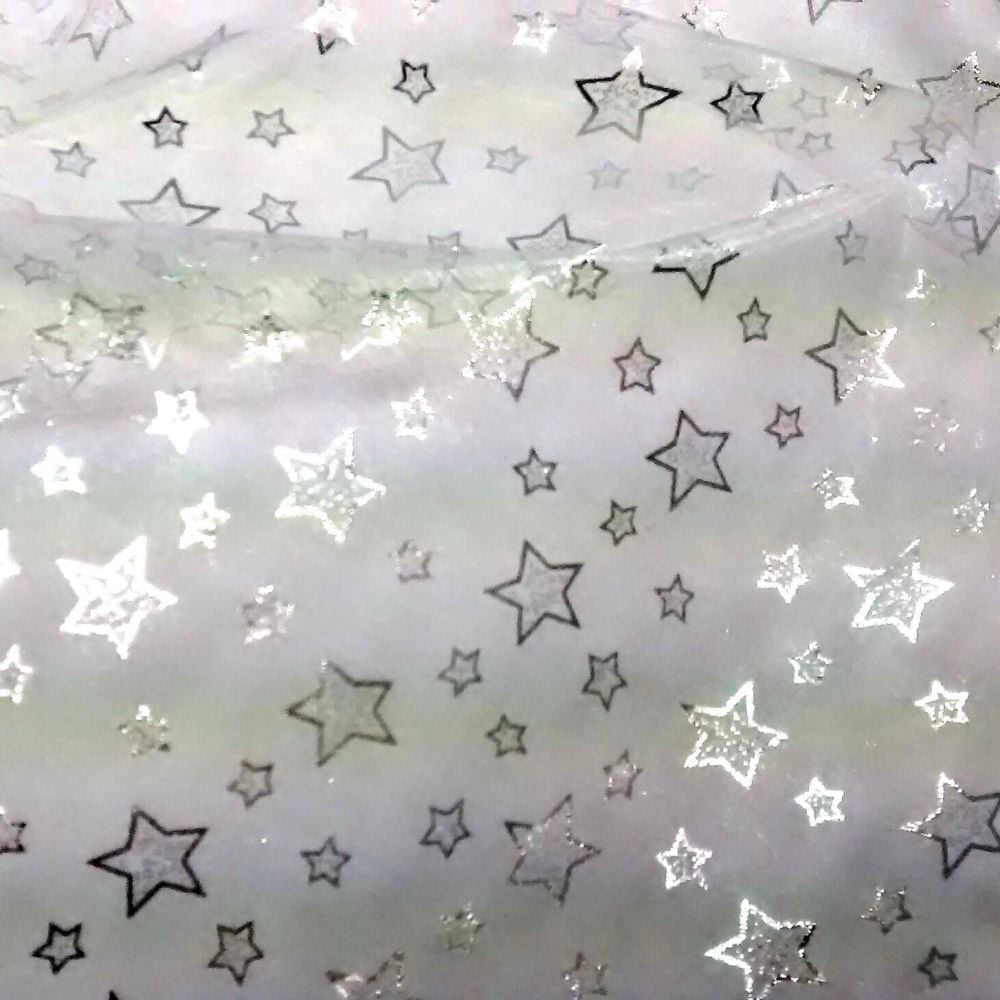 L0603 Silver Stars Organza Christmas Fabric 150cm Wide Sold in 1/4m, 1/2m, 1m Lengths