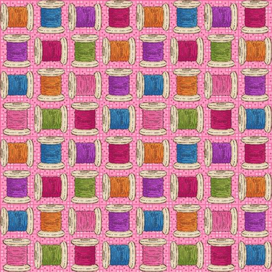 8669-25 Shop Hop Quilting Fabric - Cotton Reels on Pink Sold in FQ, 1/2m, 1m Lengths