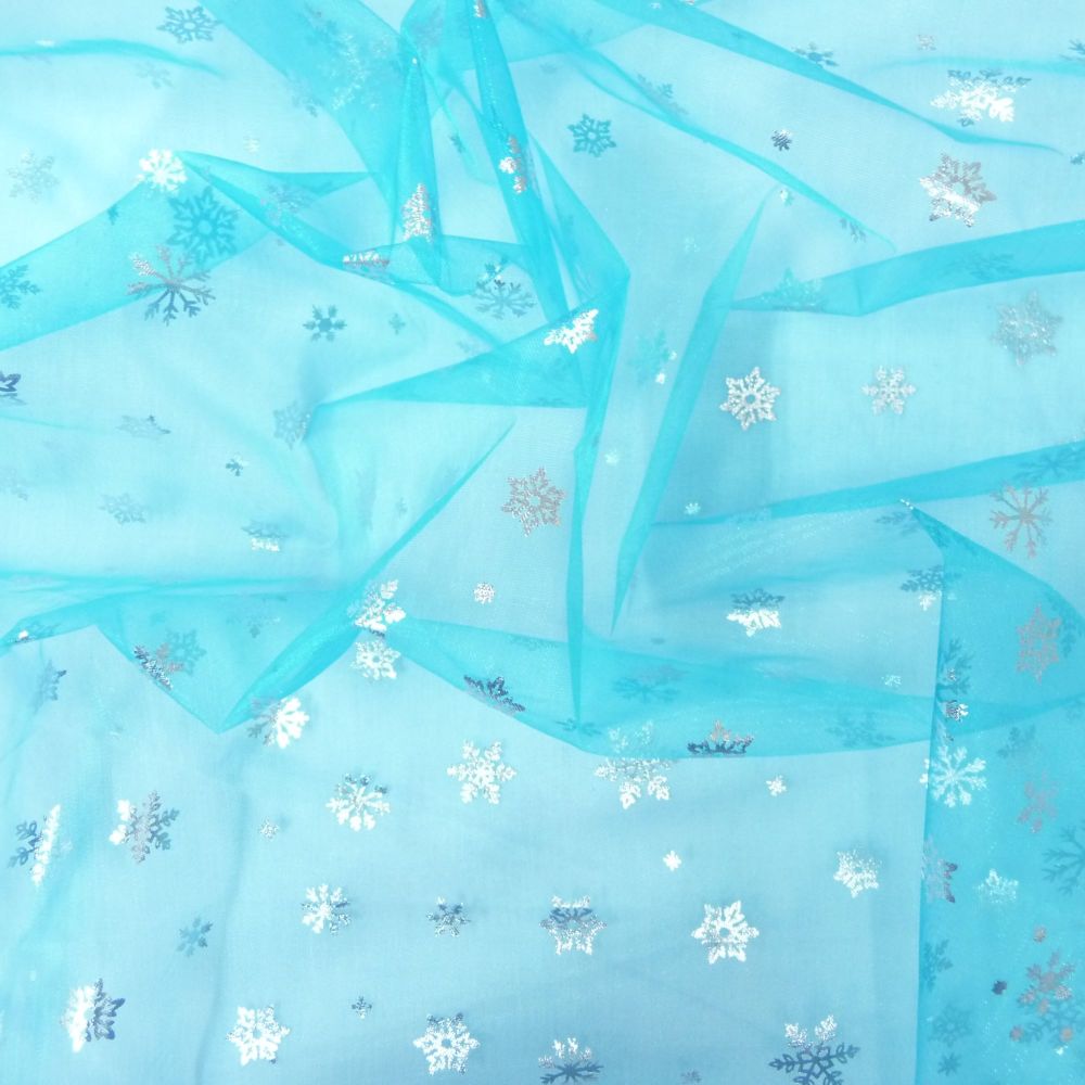 L2411-21 Turquoise & Silver Snowflakes Organza Christmas Fabric 150cm Wide Sold in 1/4m, 1/2m, 1m Lengths