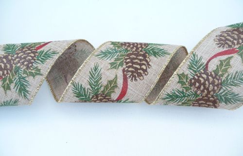 COS18B21 Wired Pine Cones on Natural Ribbon 63mm