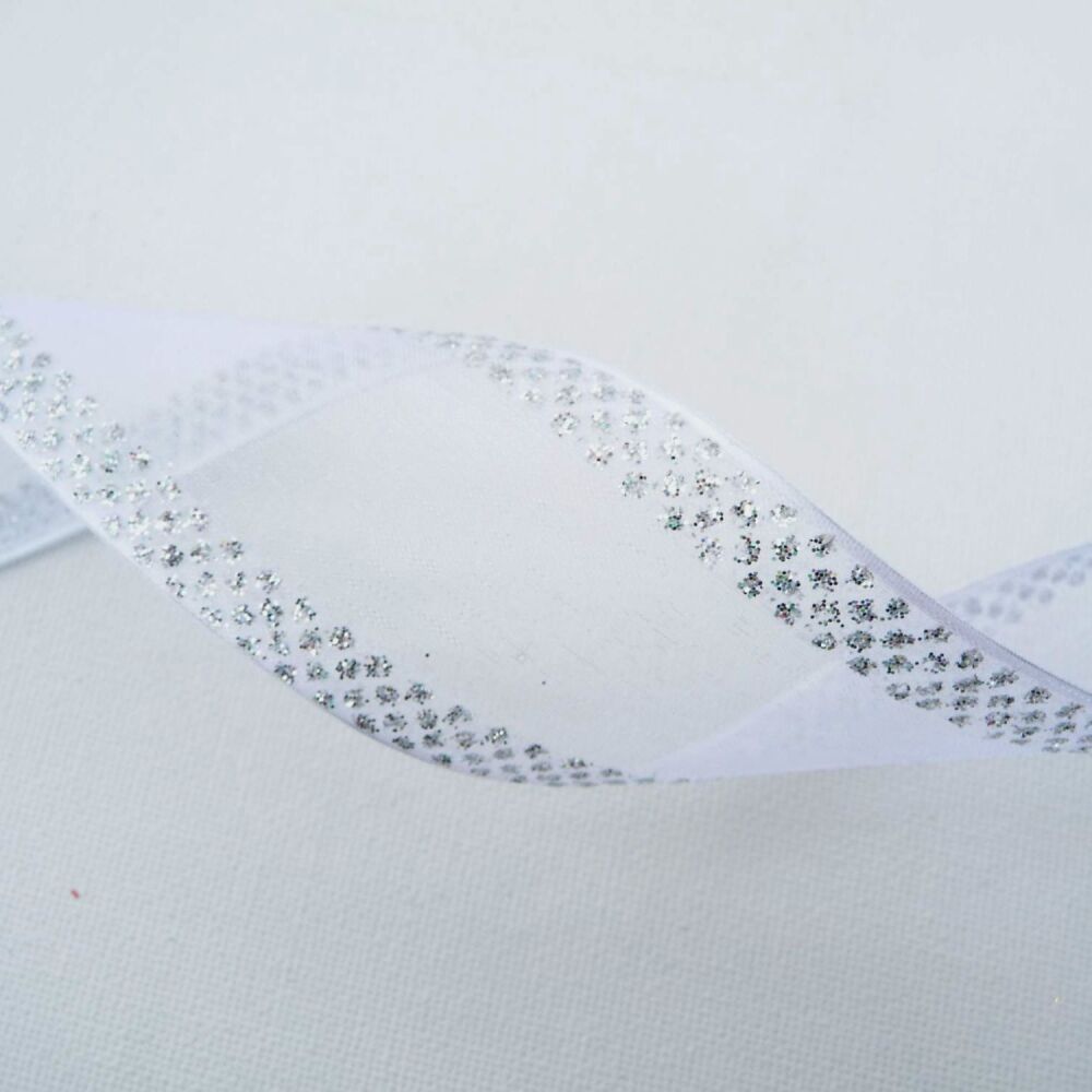 Wired Silver Sparkly Edge Sheer White Ribbon 38mm COS18AB05