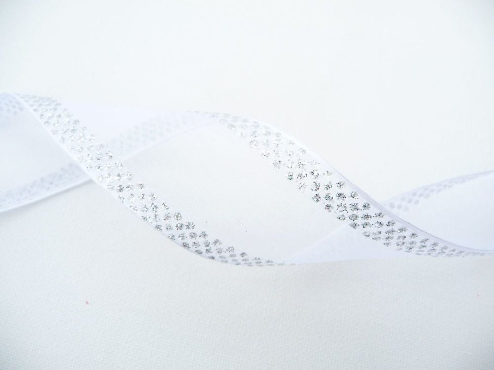 COS18AB05 Wired Silver Sparkly Edge Sheer White Ribbon 38mm