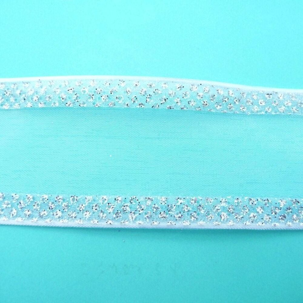 Wired Silver Sparkly Edge Sheer White Ribbon 38mm COS18AB05