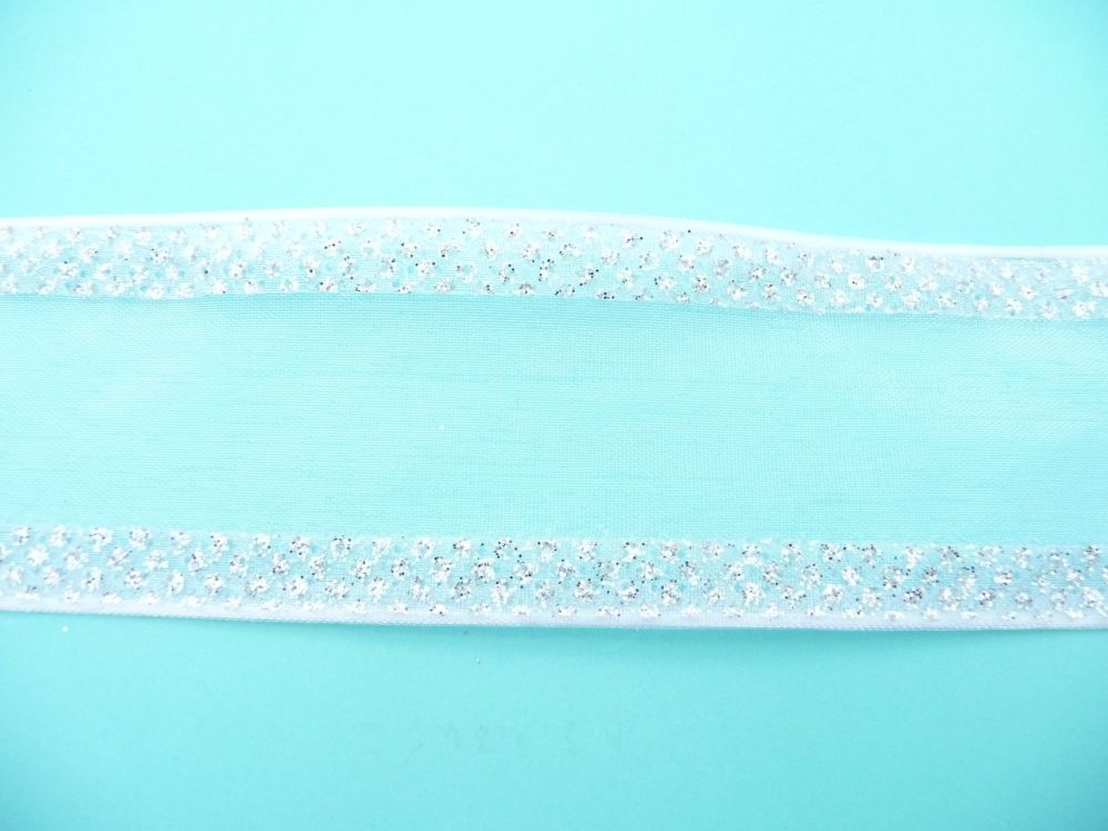 COS18AB05 Wired Silver Sparkly Edge Sheer White Ribbon 38mm
