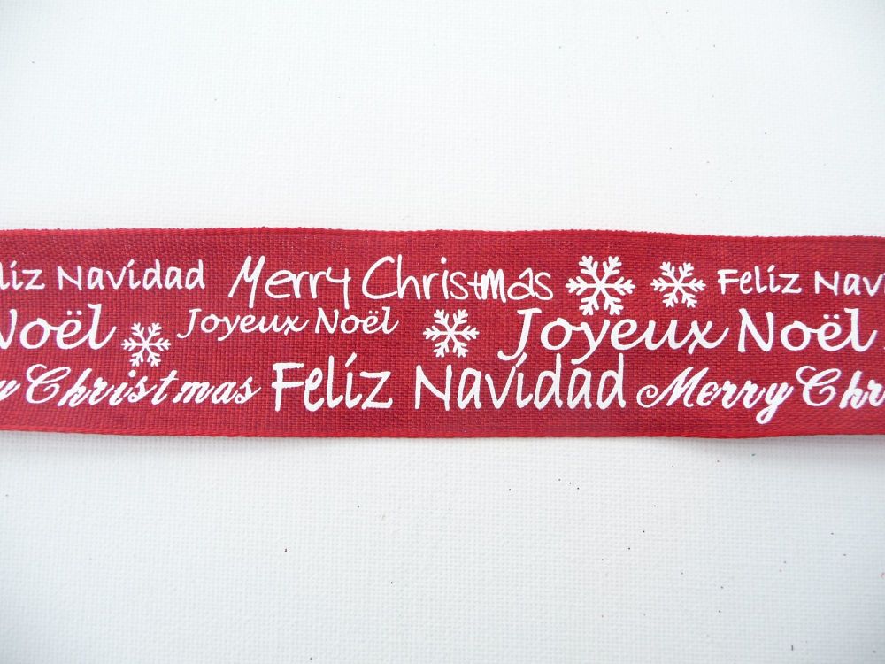 COS18B14 Wired Edge Christmas Sentiments on Red Ribbon 38mm