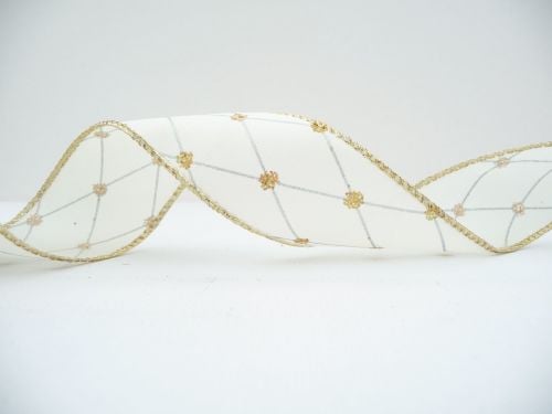 COS18A16 Wired Cream Gold Spot and Silver Lattice Ribbon 38mm