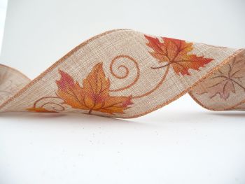 COS18A21 Wired Edge Autumn Leaves on Linen Ribbon 63mm