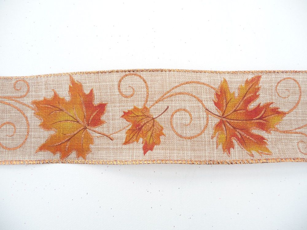 COS18A21 Wired Edge Autumn Leaves on Linen Ribbon 63mm