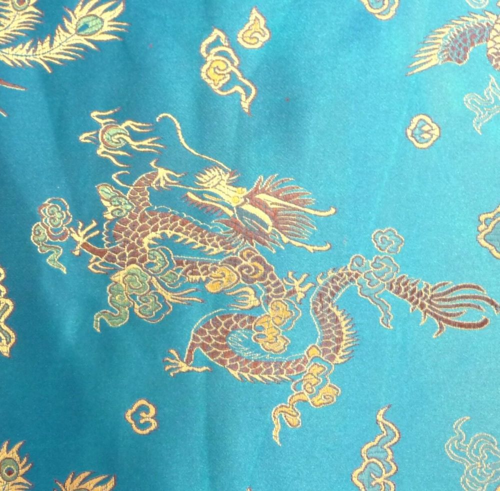 L1104B - Gold Dragon on Turquoise Satin Chinese Brocade Dress Fabric