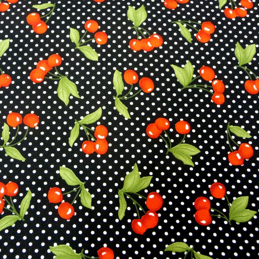 116110-04 Cherries on Black Cotton Poplin Dress Fabric Sold in 1/2m, 1m Lengths