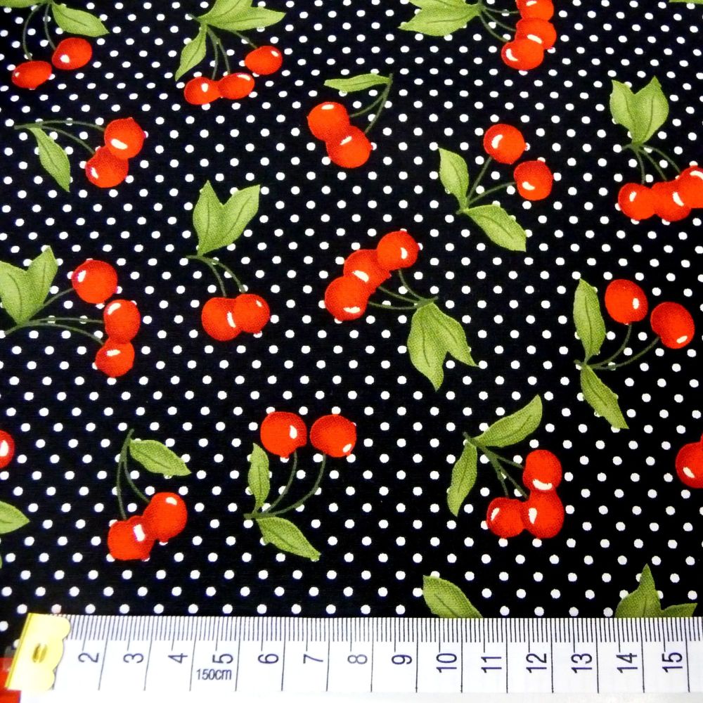 116110-04 Cherries on Black Cotton Poplin Dress Fabric