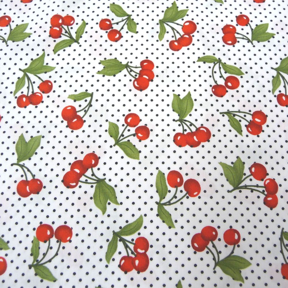 116110-01 Cherries on White Cotton Poplin Dress Fabric Sold in 1/2m, 1m Lengths