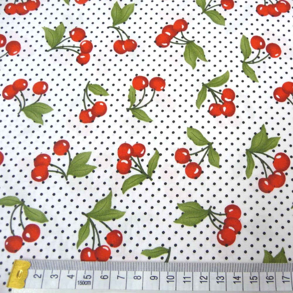 116110-01 Cherries on White Cotton Poplin Dress Fabric Sold in 1/2m, 1m Lengths
