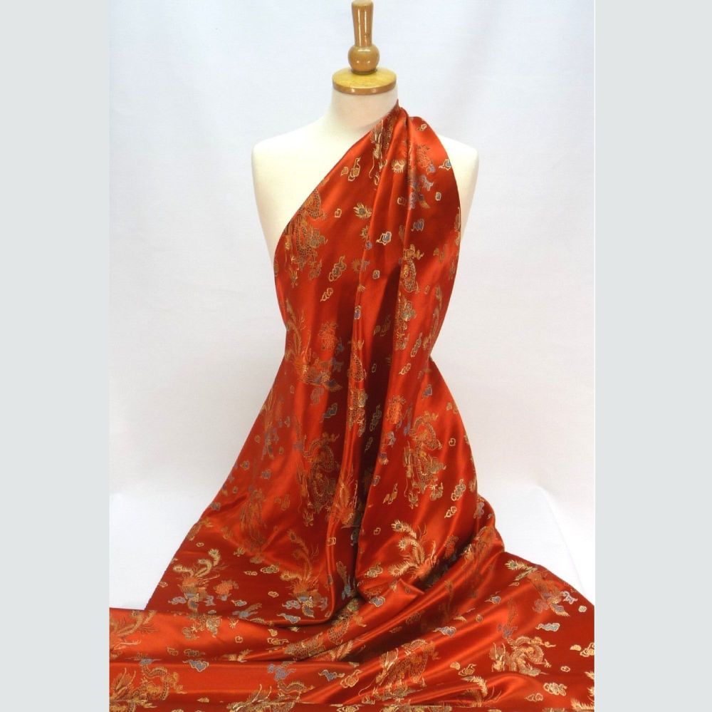 L1104R Red & Gold Dragon Chinese Satin Brocade Dress Fabric