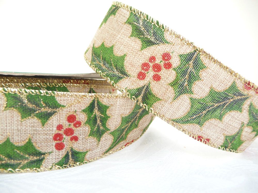 COS20B12 Holly on Linen 38mm Wired Edge Ribbon