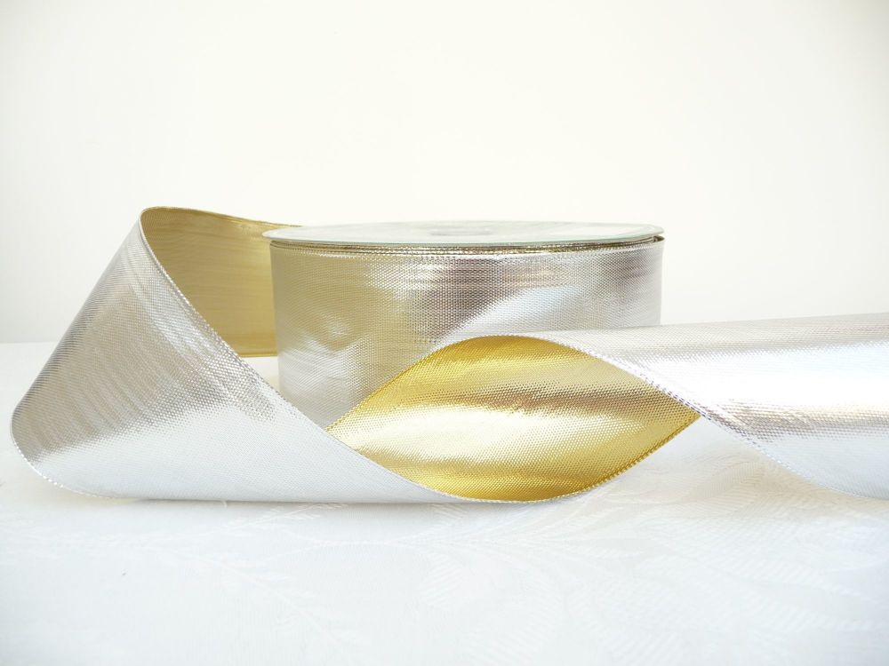 COS20AB06 Gold / Silver Reversible Wired Edge 63mm Ribbon