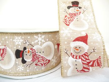 COS20B15 Snowmen on Linen 63mm Wired Edge Ribbon
