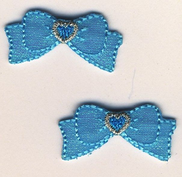 M006 Turquoise Bows with Heart Iron on Embroidered Motif