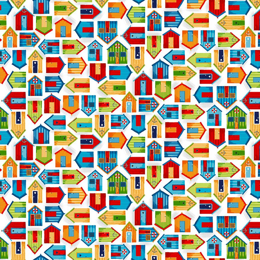 2345W Seaside Beach Huts Cotton Quilting Fabric | Makower Sold in FQ, 1/2m, 1m Lengths