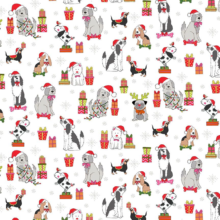 Yappy Doggy Christmas Quilting Fabric | Makower 2365Q Sold in FQ, 1/2m, 1m Lengths