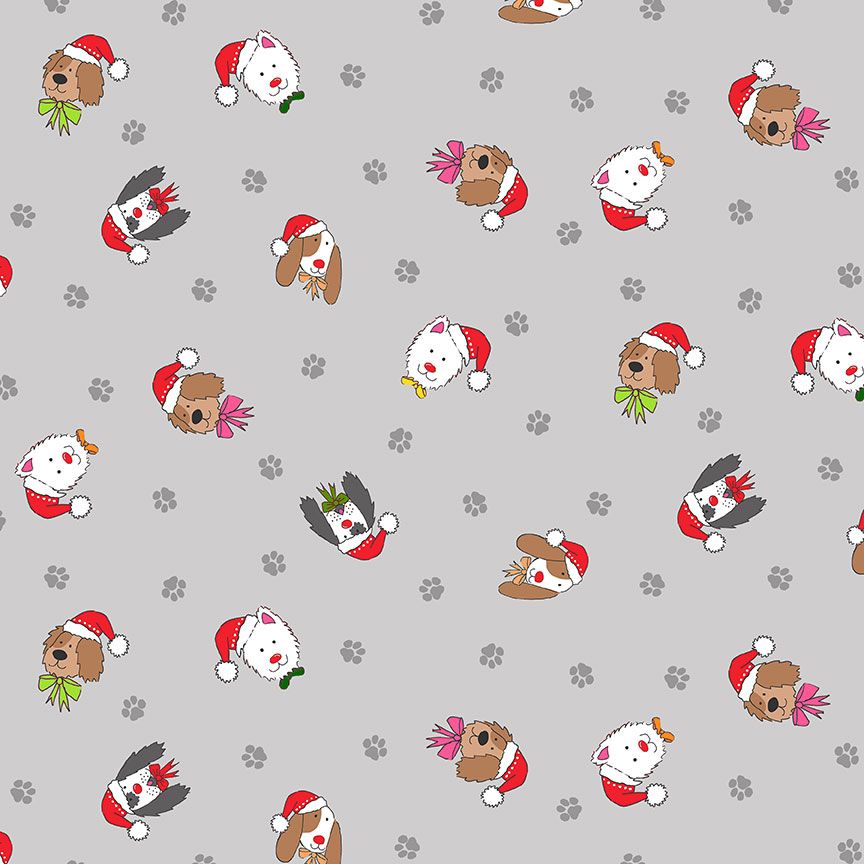 Yappy Christmas - Grey  Cotton Christmas Quilting Fabric | Makower 2366S Sold in FQ, 1/2m, 1m Lengths