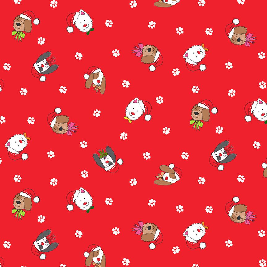 2366R Yappy Doggy Christmas - Red Christmas Quilting Fabric | Makower Sold in FQ, 1/2m, 1m Lengths