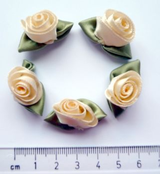 109-3815 Large Satin Ribbon Roses & Leaves - Cream x 5