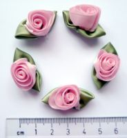 109-3117 Large Satin Ribbon Roses & Leaves - Pink x 5