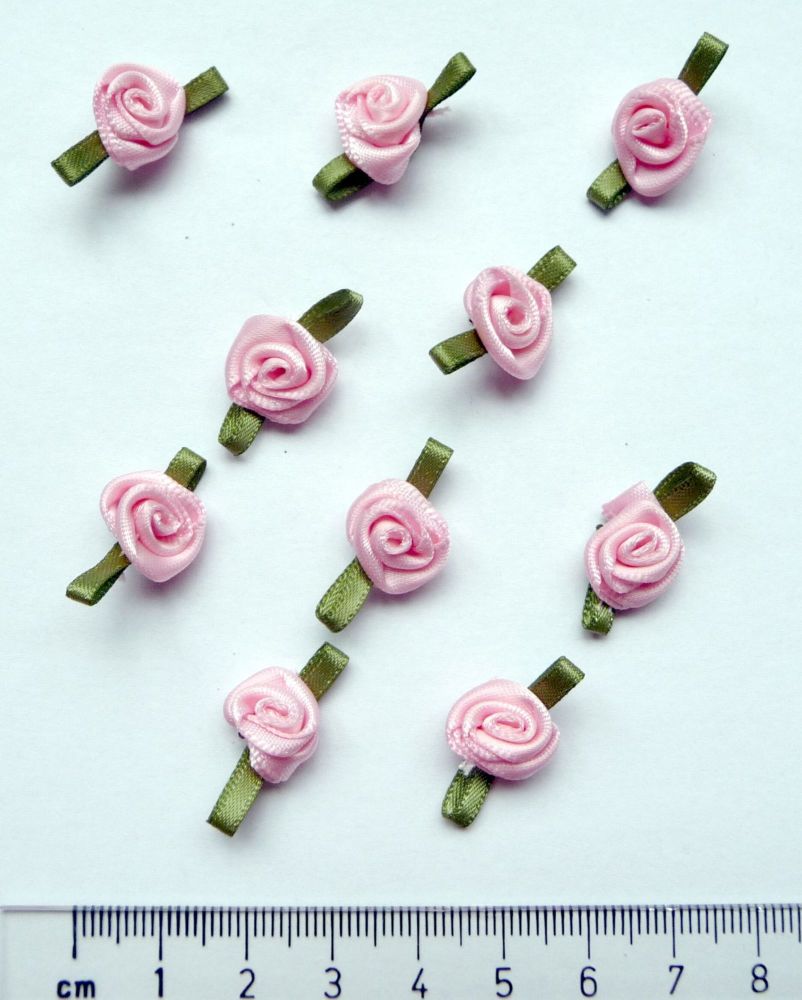 413-117 Small Satin Ribbon Roses & Leaves - Pink x 10