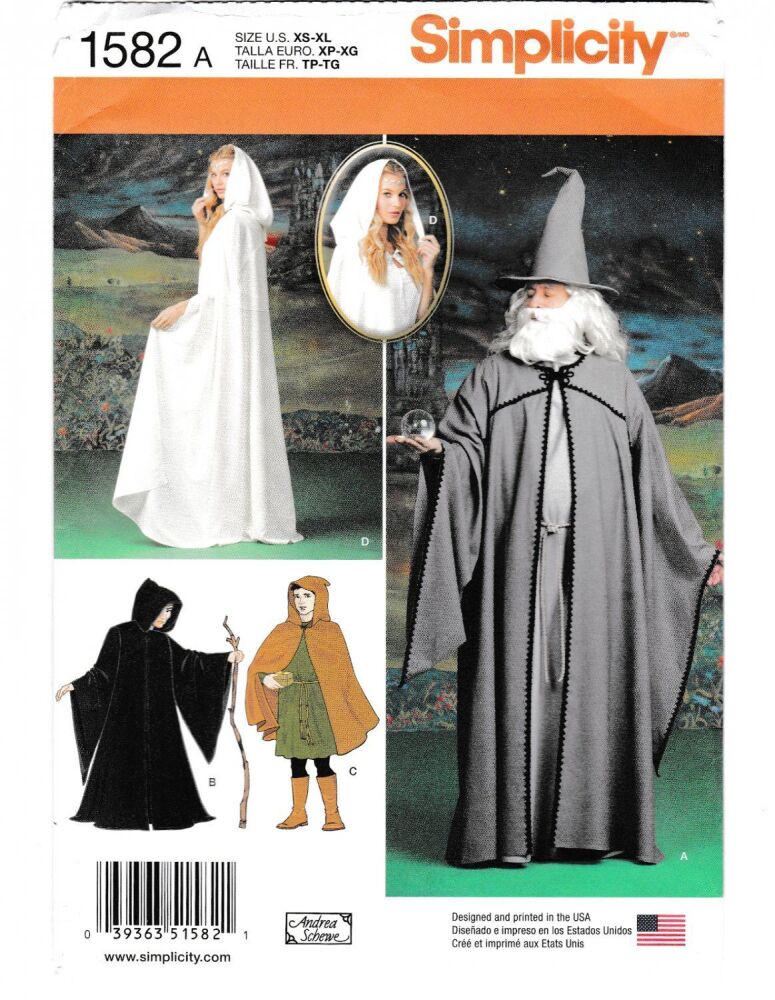 Simplicity 1582 Adults Wizard Costume Sewing Pattern Size XS - XL