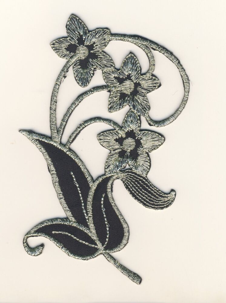 M020B Black & Silver Flower Spray Embroidered Iron On Motif