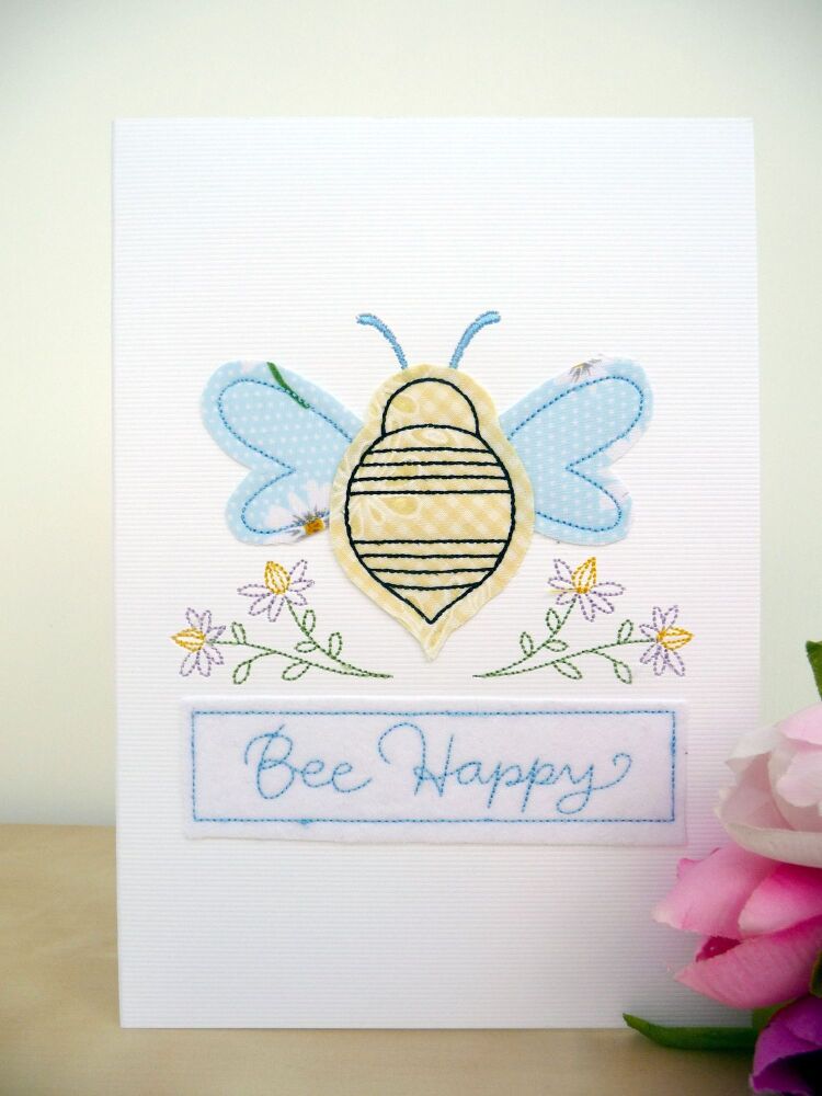 Embroidered Bee Happy Card _ BB2_ Hand Crafted One of A Kind Cards