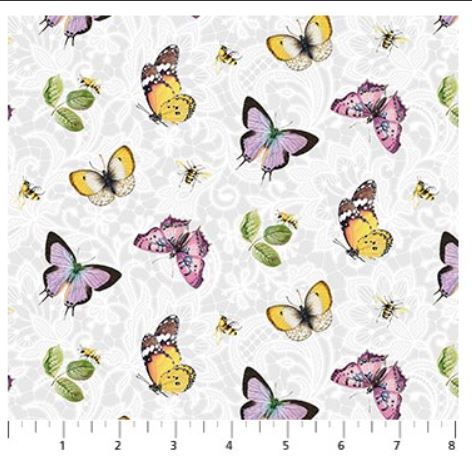 DP23969 Scented Garden Tossed Butterflies on Pale Grey-Northcott 100% Cotton Quilting Fabric Sold in FQ, 1/2m, 1m Lengths