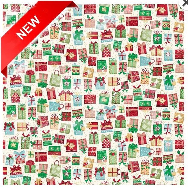 Christmas Wishes Gifts Quilting Fabric | Makower 034_W Sold in FQ, 1/2m, 1m Lengths