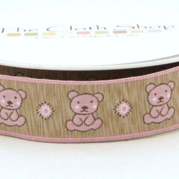 Pink Teddy Bear Baby Ribbon | 25mm Wide | Woven Quality French Ribbon | Stephanoise 4732