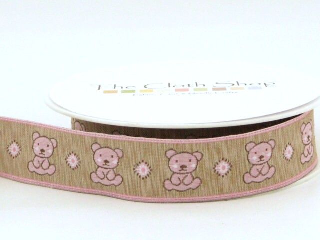 Pink Teddy Bear Baby Ribbon | 25mm Wide | Woven Quality French Ribbon | Stephanoise 4732