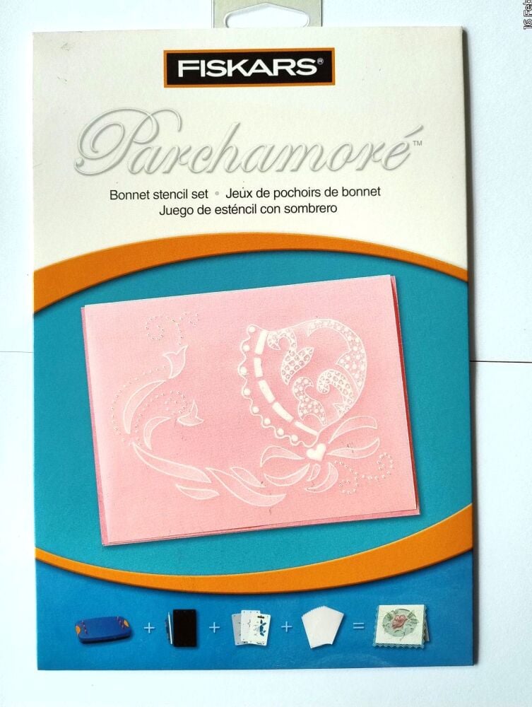 Card Craft - Intricate Baby's Bonnet - Parchment Embossing Stencil - Parchamore- Fiskars 12-5582