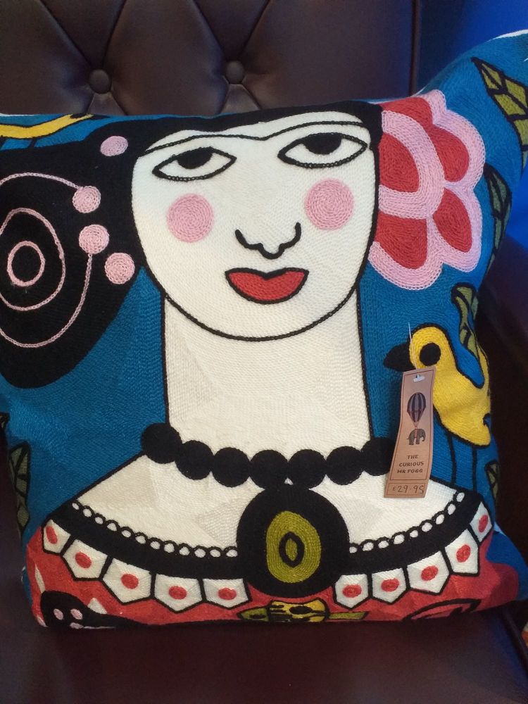 Embroidered Square Cushion - Blue Frida