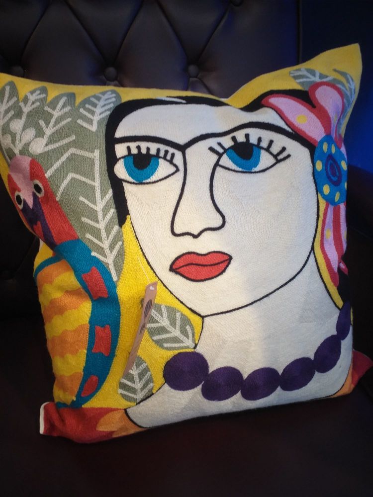Embroidered Square Cushion - Yellow Frida
