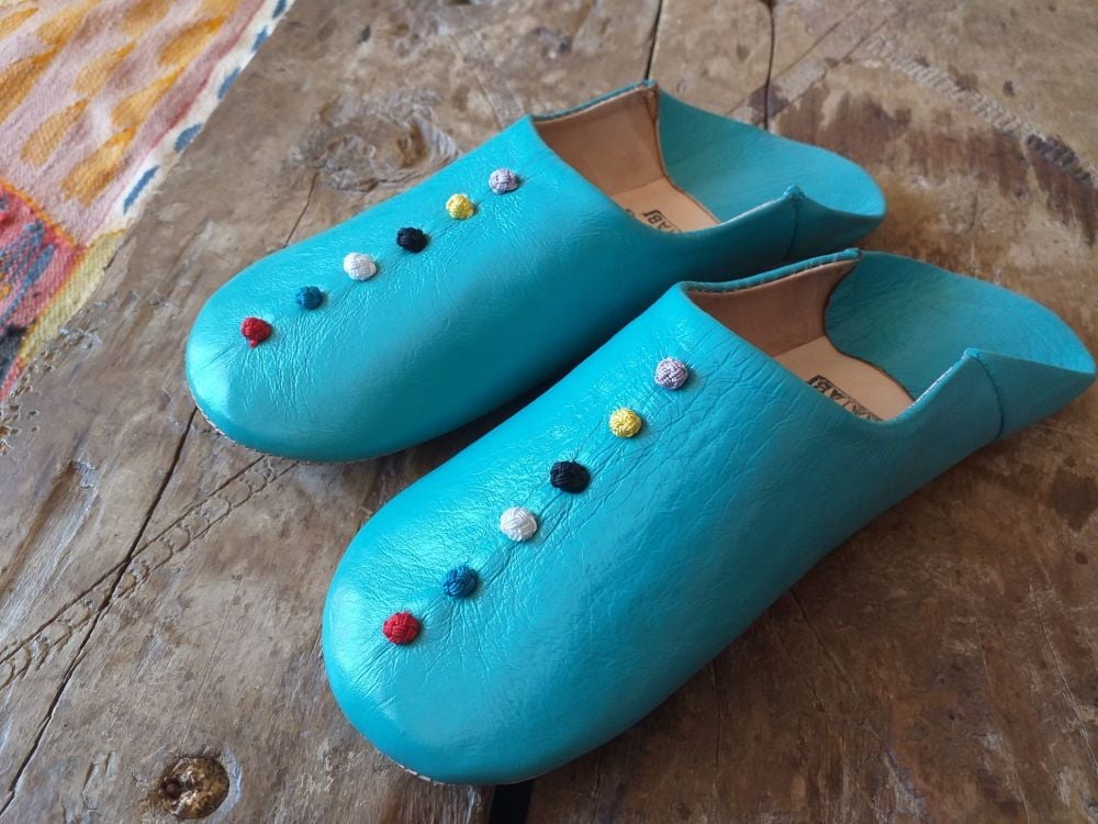 Authentic Babouche Slippers - Turquoise/Green Pom Size 3/4