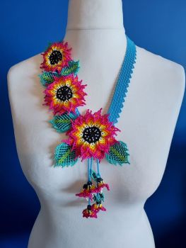 3 Flower Offset Sunflower - Turquoise and Fuchsia