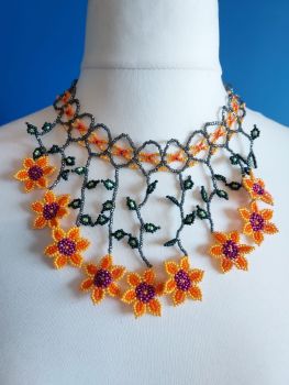 Peach Collar Beaded Flower Necklace