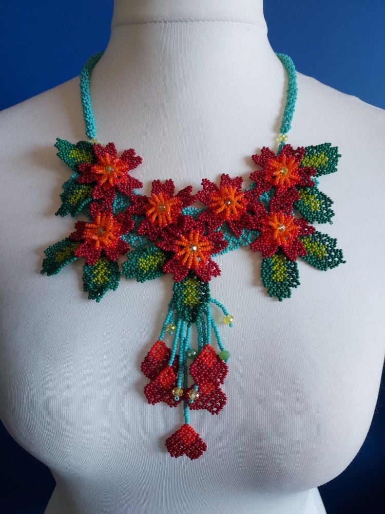 7 Flower Panel Necklace - Turquoise and Red