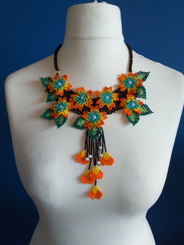 7 Flower Panel Necklace - Orange and Yellow